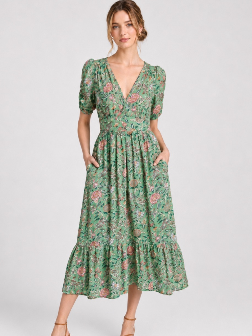 XiRENA Floral Puff Sleeve Maxi Dress XS
